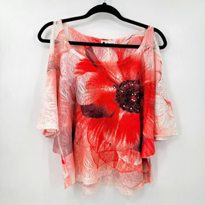 Vitta Luna Women's Floral Coral Cold Shoulder Bat Wing Lace Blouse Rhinestones